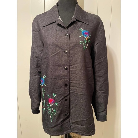 Allison D Tops - ALLISON Daley Black Button Up Long Sleeve Blouse Shirt Top Embroidered Flowers